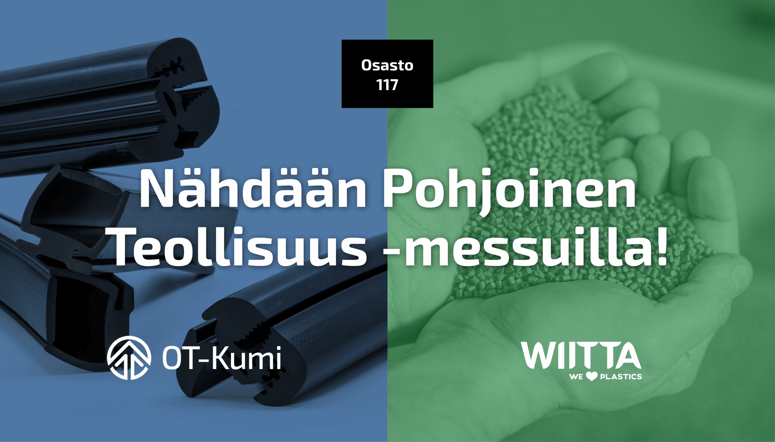 Kuvituskuva OT-Kumin ja Wiitta Oy:n tuotteista ja logoista "Nähdään Pohjoinen Teollisuus 2026 -messuilla!" -tekstin kanssa.